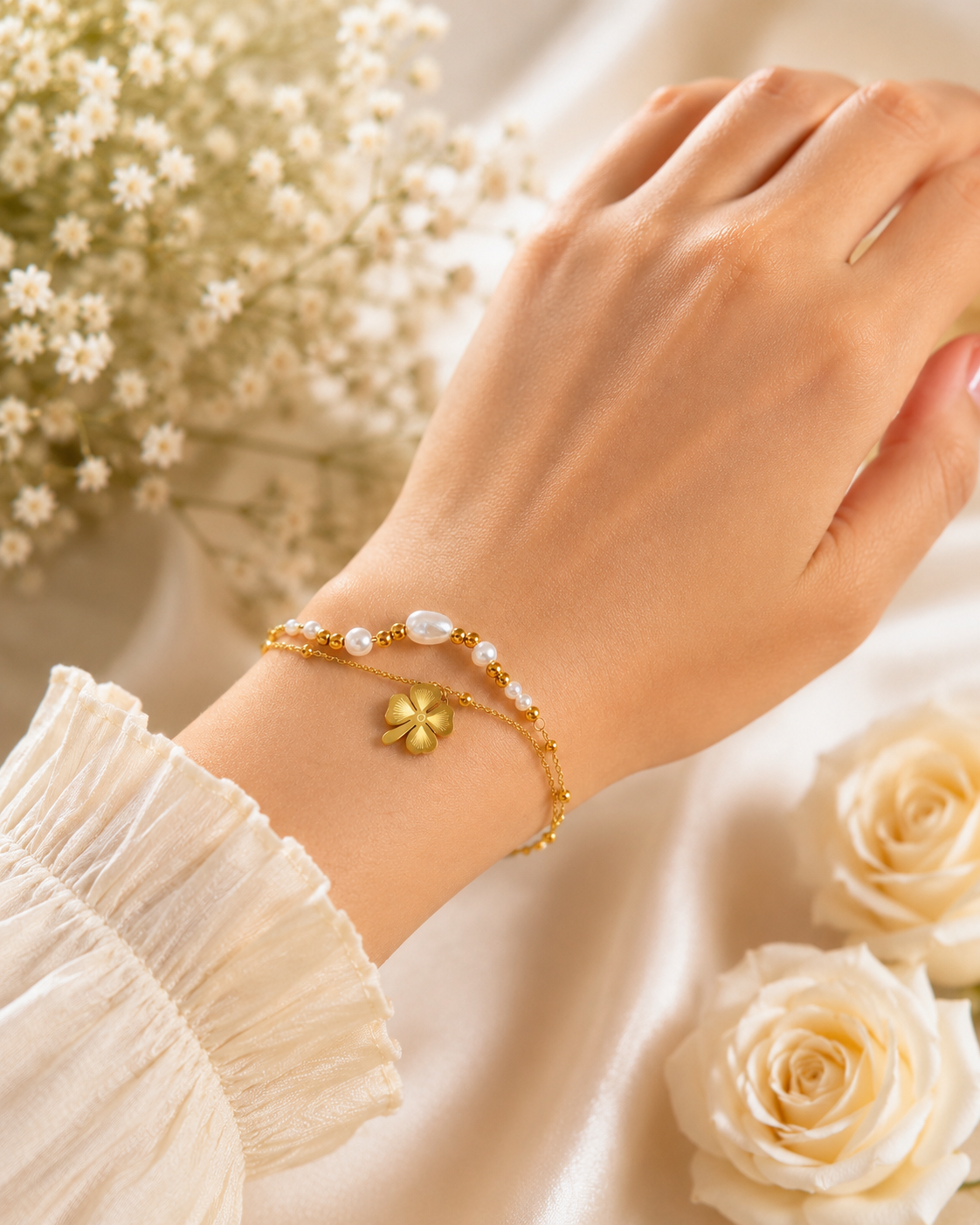 GOLDEN CLOVER PEARL BRACELET